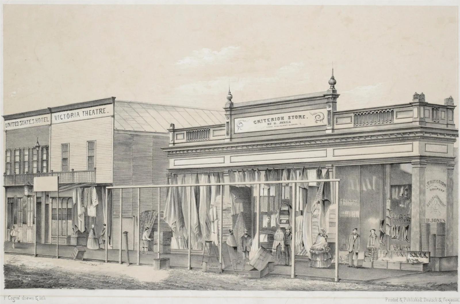 A detailed 19th-century lithograph by F. Cogné, often referenced as Criterion Store Cogné, depicts the grand Criterion Store by H. Jones on Ballarat’s Main Road, flanked by the United States Hotel and Victoria Theatre. The storefront displays fabrics, garments, and drapery goods, with pedestrians in period dress animating the scene. This historically significant artwork is preserved and interpreted at Sovereign Hill to authentically recreate the bustling commercial heart of gold rush-era Ballarat.