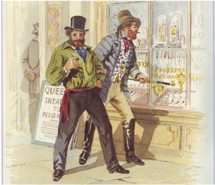 A colourful 19th-century illustration titled Improvident Diggers shows two gold rush-era men outside a jeweller’s shop, one in a green jacket and top hat gestures animatedly, while the other, in a plaid coat and smoking a pipe, points toward a display of watches and trophies. A sign nearby advertises “QUEEN THEATRE TONIGHT”, capturing the lively, sometimes reckless spirit of diggers spending their finds. This artwork is featured at Sovereign Hill to illustrate historical social themes of the gold rush era.