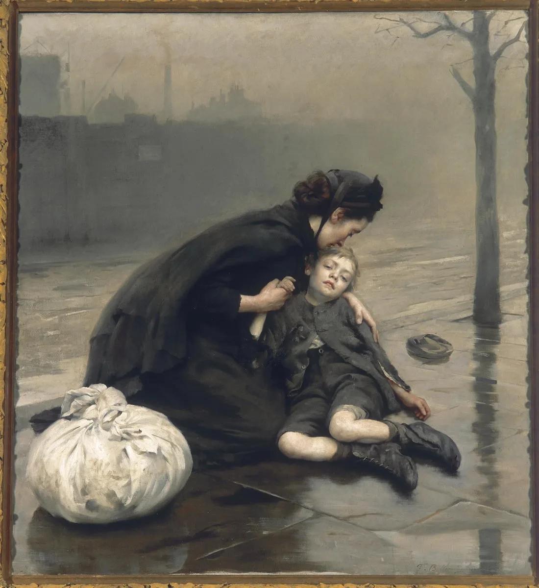 A haunting painting by Thomas Bush Kennington, Homeless, depicts a weary woman cradling a child in the rain-soaked streets, their meager belongings nearby — evoking the hardship and vulnerability of displaced families during the 19th century. Displayed at Sovereign Hill, this powerful artwork invites reflection on the human cost of the gold rush era.