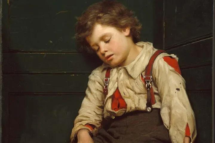 A poignant painting titled Tuckered Out shows a weary young boy in 19th-century work clothes, slumped against a wooden wall in quiet exhaustion, capturing the harsh realities of child labor during the gold rush era. This moving artwork is featured at Sovereign Hill to deepen visitors’ understanding of historical life.