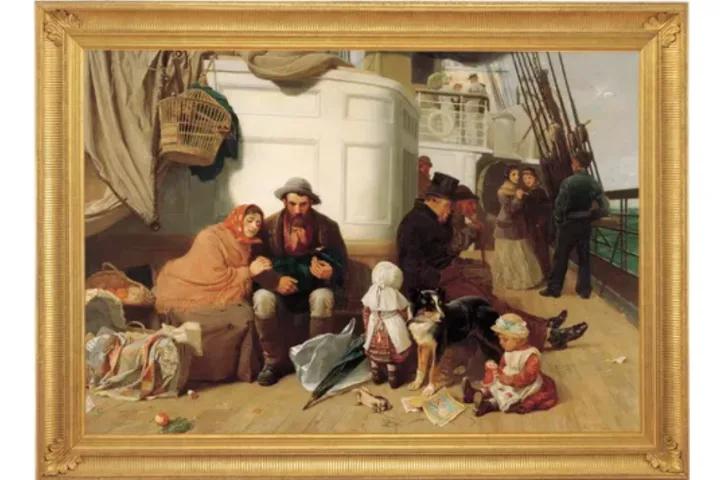 A richly detailed painting titled The Immigrants Ship depicts families and travelers aboard a 19th-century vessel, surrounded by belongings and children, capturing the hope, hardship, and humanity of those journeying to Australia during the gold rush era. Displayed at Sovereign Hill, this artwork brings immigrant stories to life through historical storytelling.