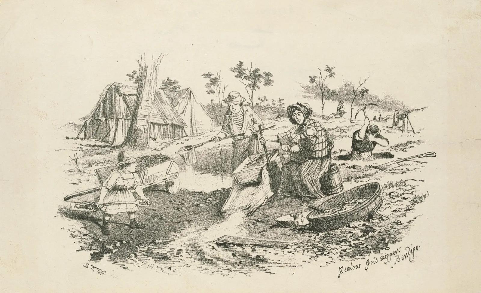 A historic sketch depicts Zealous Gold Diggers at work along a riverbank, panning and sluicing for gold amid makeshift tents and rugged terrain, capturing the gritty determination of prospectors during the Victorian gold rush. This vivid scene is preserved and interpreted at Sovereign Hill.