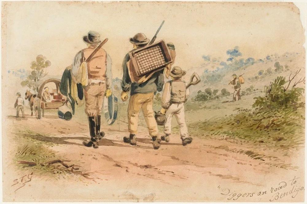 A vintage watercolor painting depicts Diggers on the Road to Bendigo, weary gold seekers trudging along a dusty trail with tools and belongings, capturing the rugged journey of prospectors during the Victorian gold rush. A historic scene brought to life at Sovereign Hill.