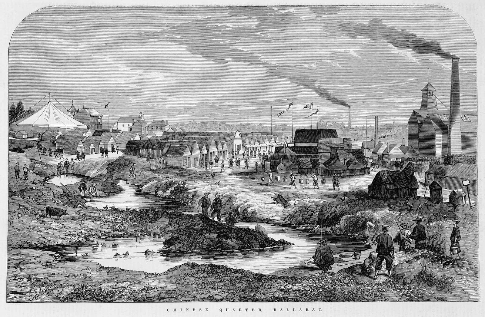 Black and white illustration depicting a mining operation during the gold rush era in Ballarat, showcasing the landscape and mining activities.