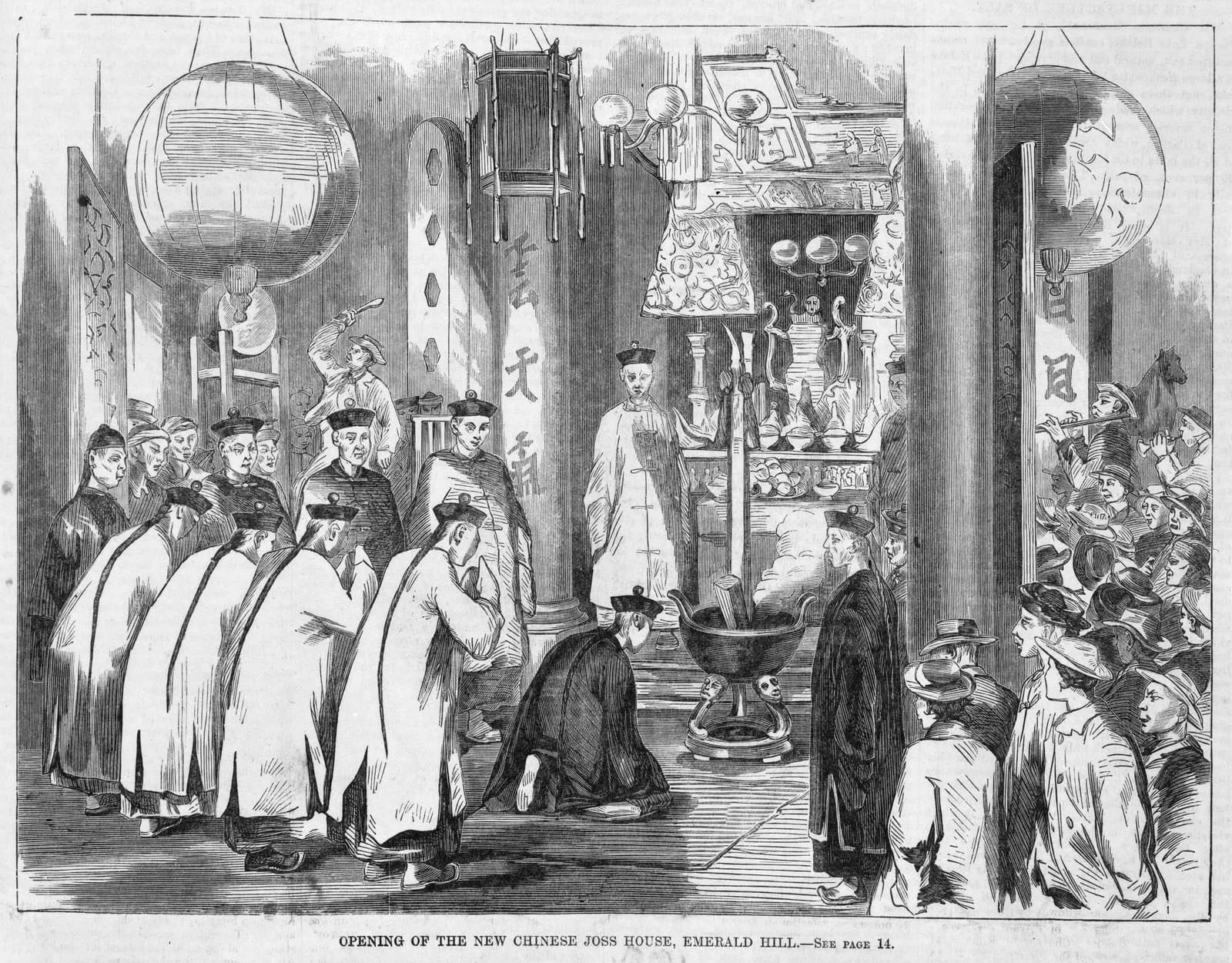 Black and white illustration depicting a religious ceremony in a historical setting, showcasing cultural traditions and practices.