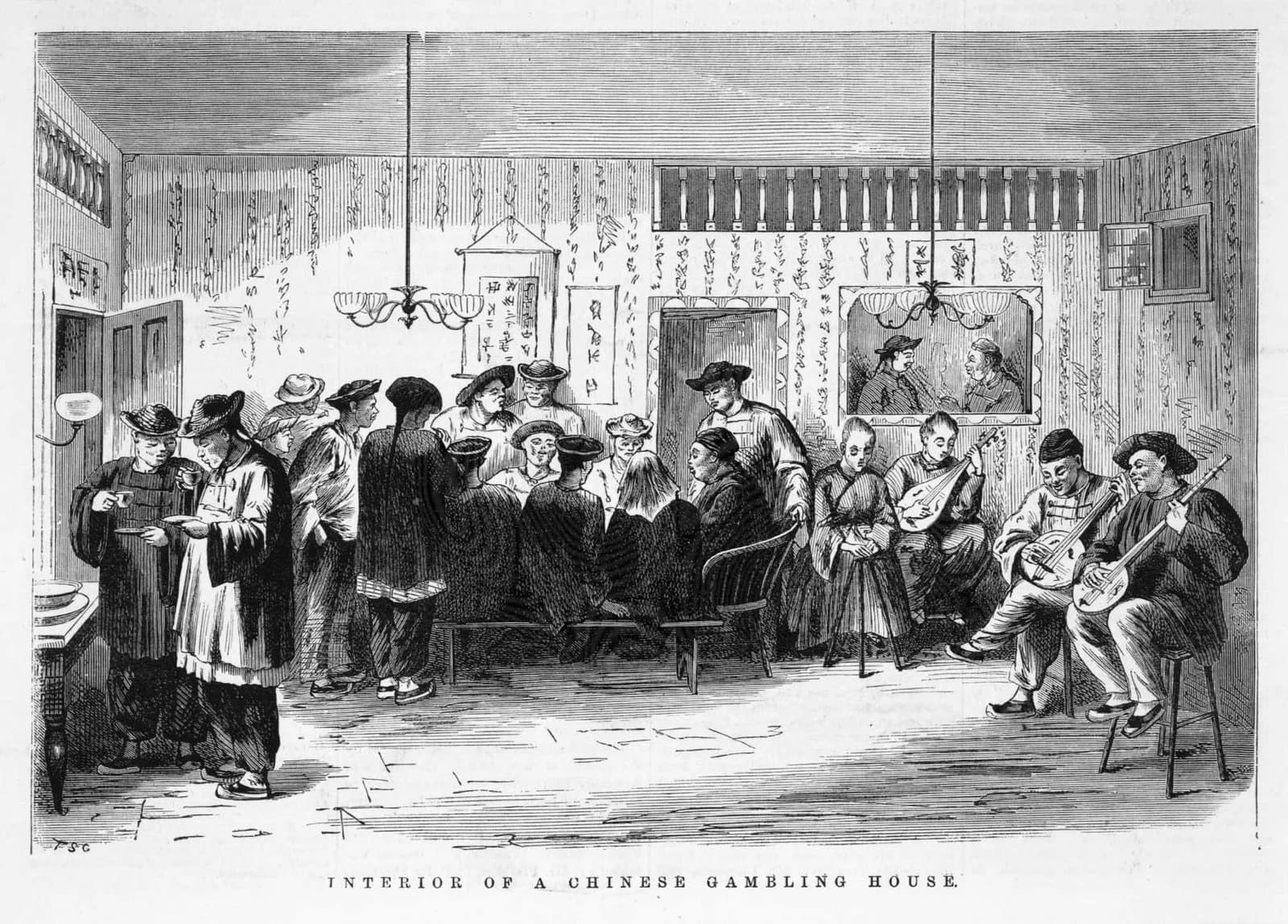 Black and white illustration depicting a gambling scene in a 19th-century setting, showcasing historical gambling practices and social activities.