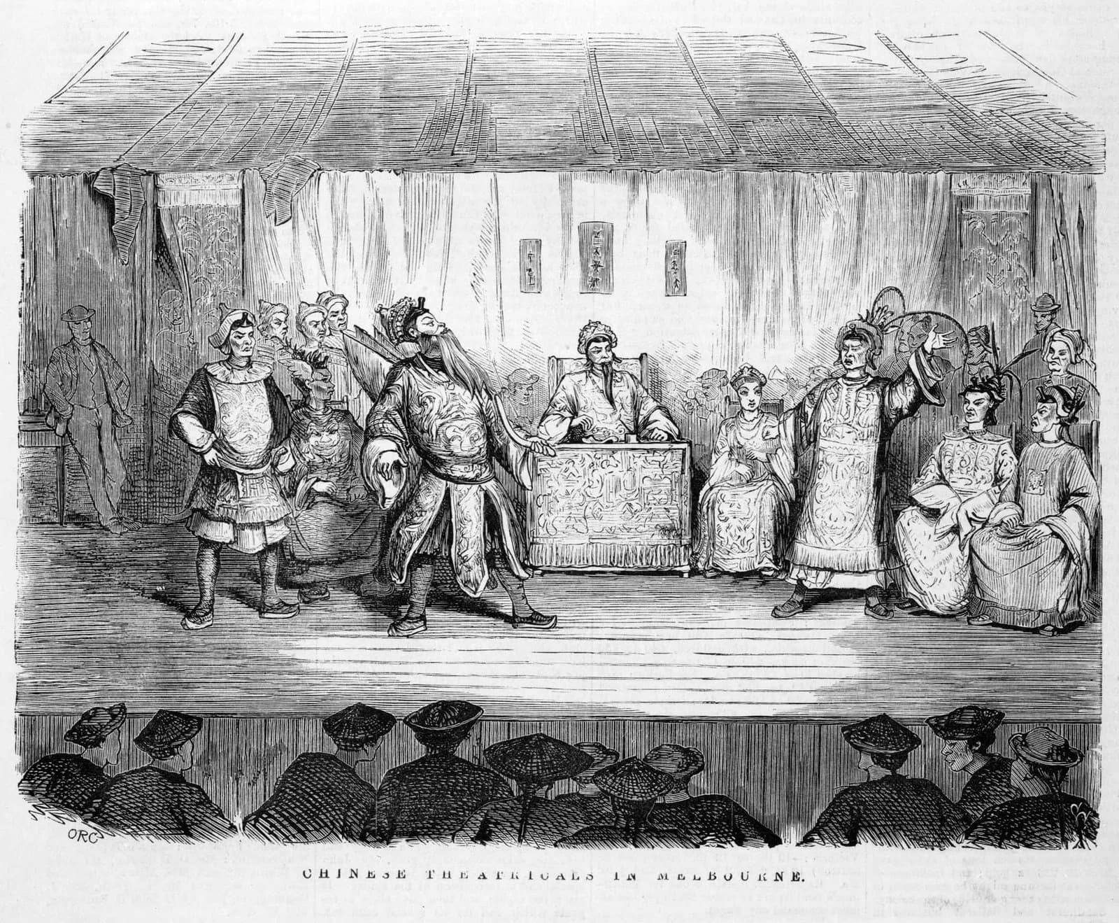 Black and white illustration depicting a theatrical performance from the 19th century, showcasing period costumes and stage design.